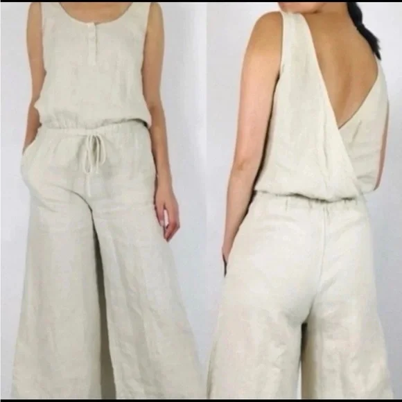 Cloth & Stone Sz M Jumpsuit Linen Drawstring Wide Leg Crop Natural Tan Lagenlook - Picture 1 of 16